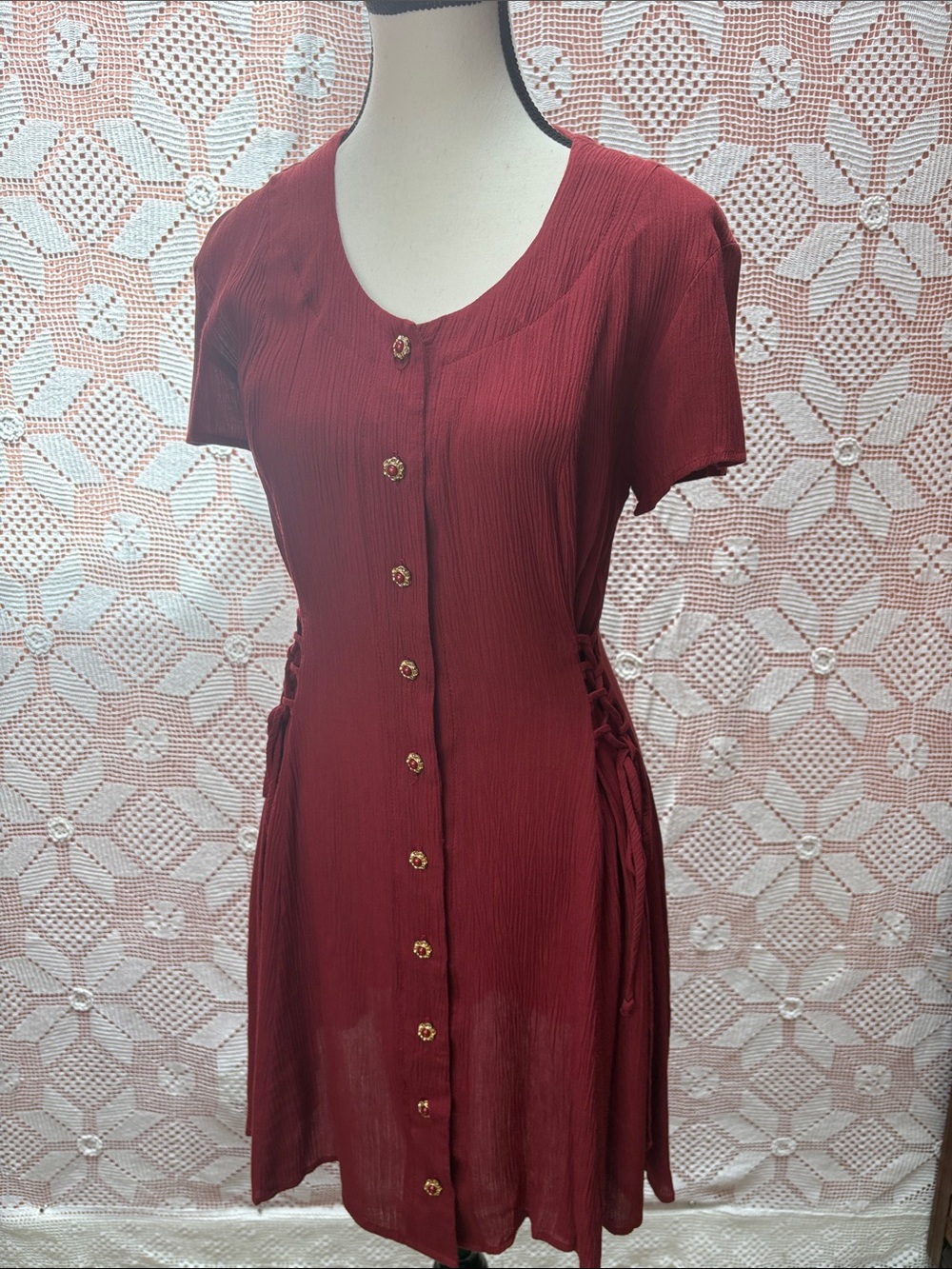 Vintage Corset Sides Button Front Red Dress